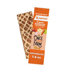 Once Upon a Farm cinnamon roll protein bars: individual cinnamon roll protein bar wrapper and bar