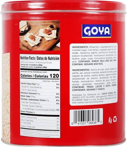 Goya saltine crackers: back of saltine cracker tin with nutrition panel