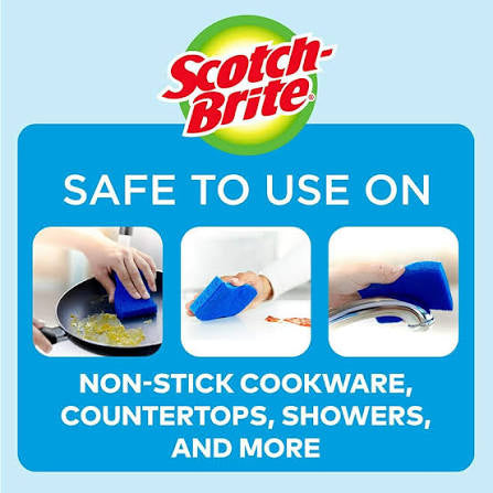 Scotch-Brite Zero Scratch sponge cleaning nonstick cookware, countertops and shower surfaces.