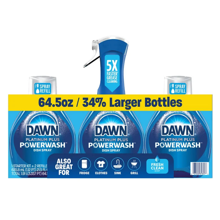 Dawn Platinum Plus Powerwash Dish Soap Spray, Fresh Clean, 1 Starter Kit + 2 Refills bulk pack available from Crabtree Supply. Fast local delivery and nationwide shipping.