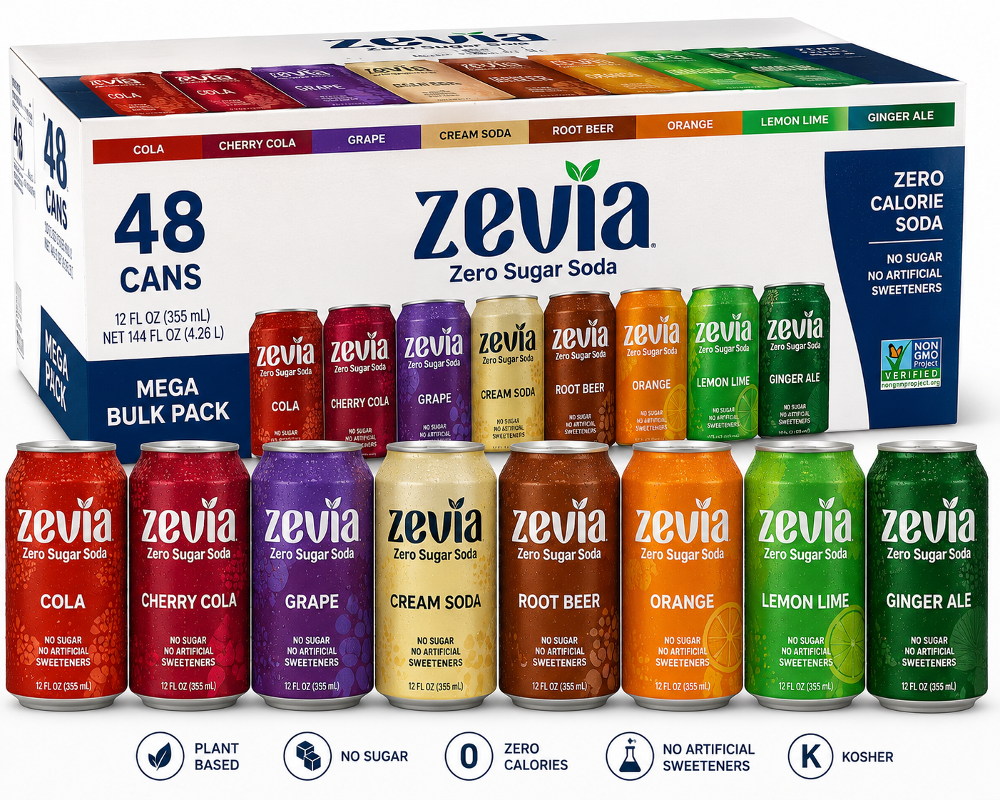 Zevia Zero Calorie Rainbow Pack Mega Bulk Pack (48 ct, 12 oz) bulk pack available from Crabtree Supply. Fast local delivery and nationwide shipping.