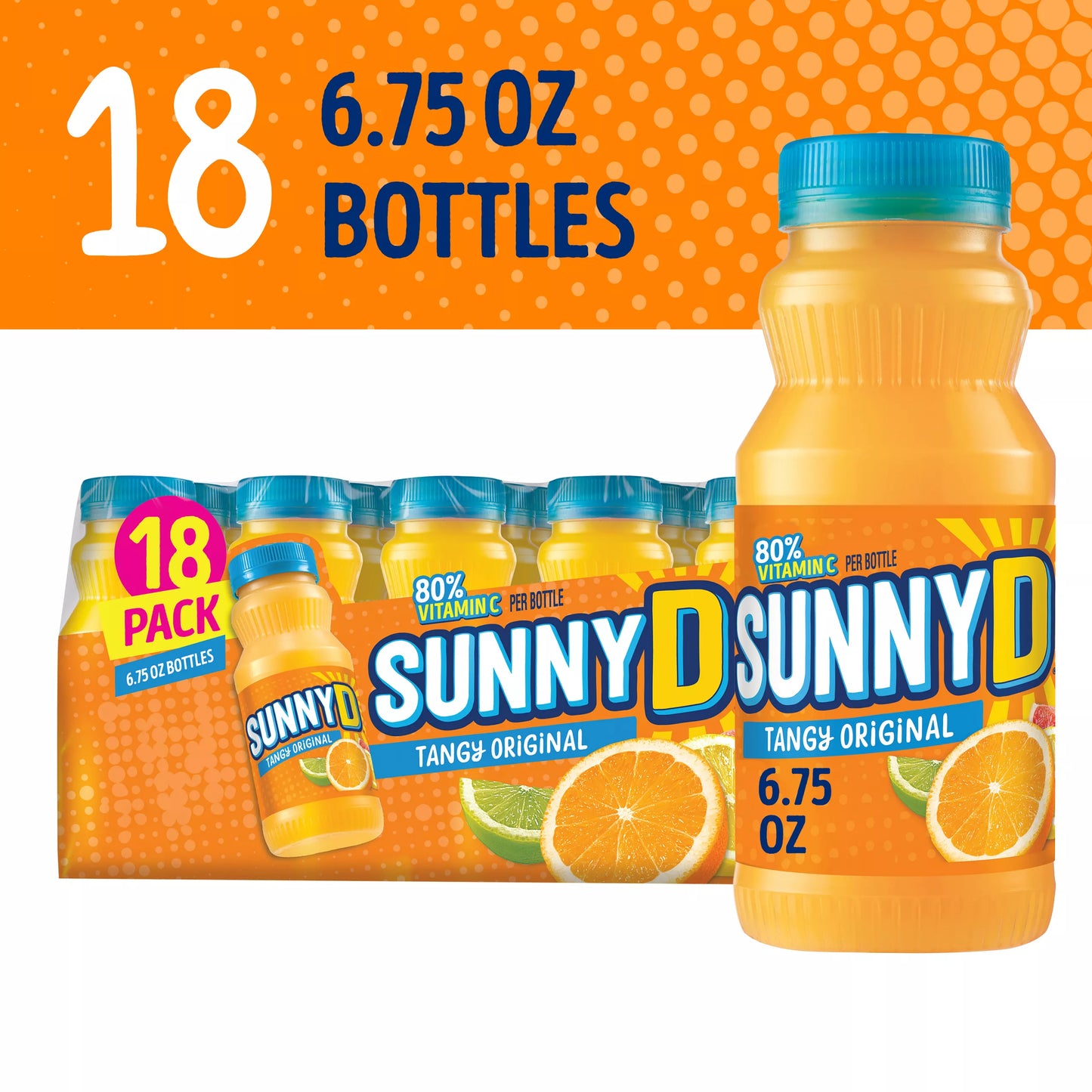 SunnyD Tangy Original Juice Shelf Stable Orange Drink 18 Count 6.75 fl oz Bottles 121.5 fl. oz.