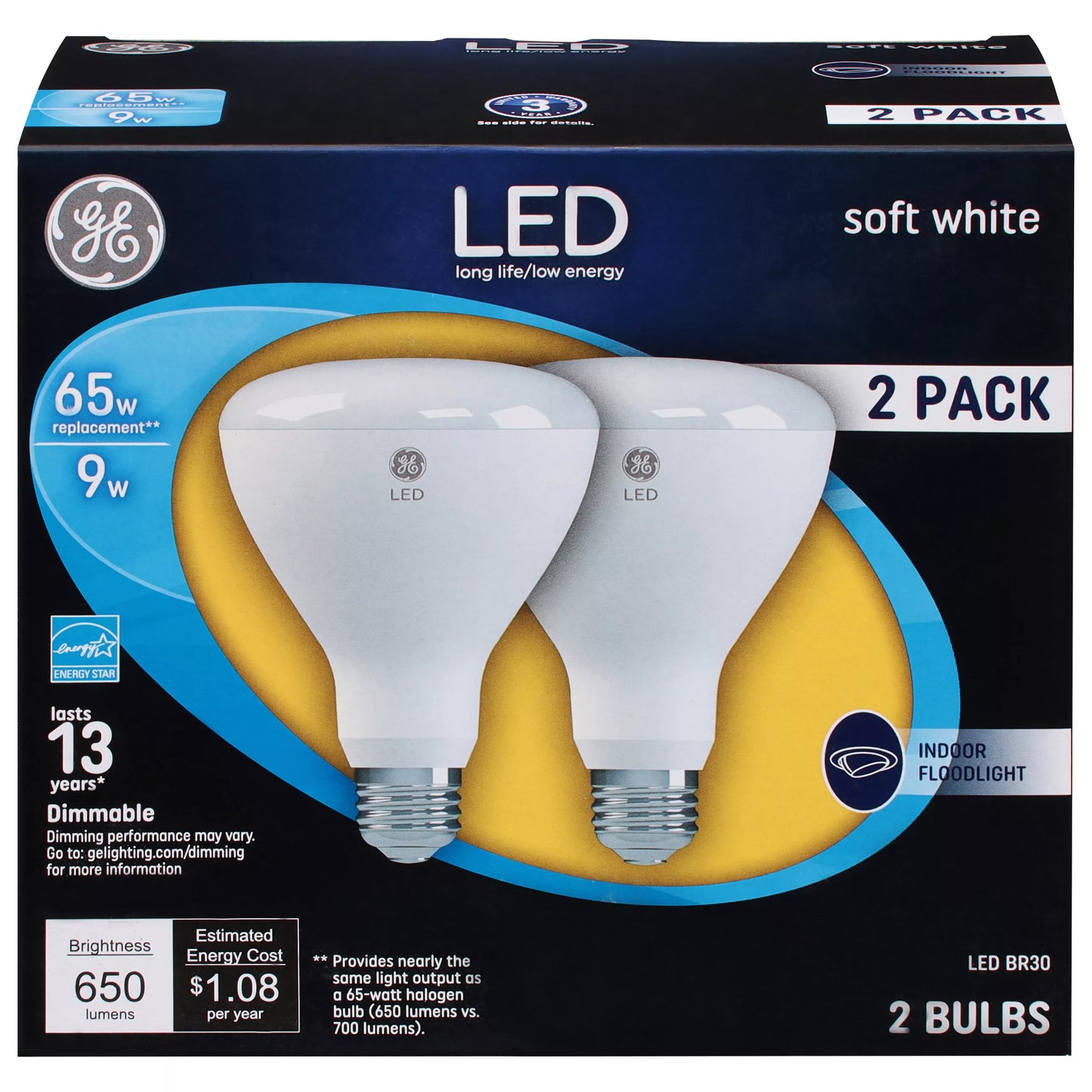 GE Light Bulbs, LED BR30, Floodlight, Soft White, 9 Watts, 2 Pack 2 each
