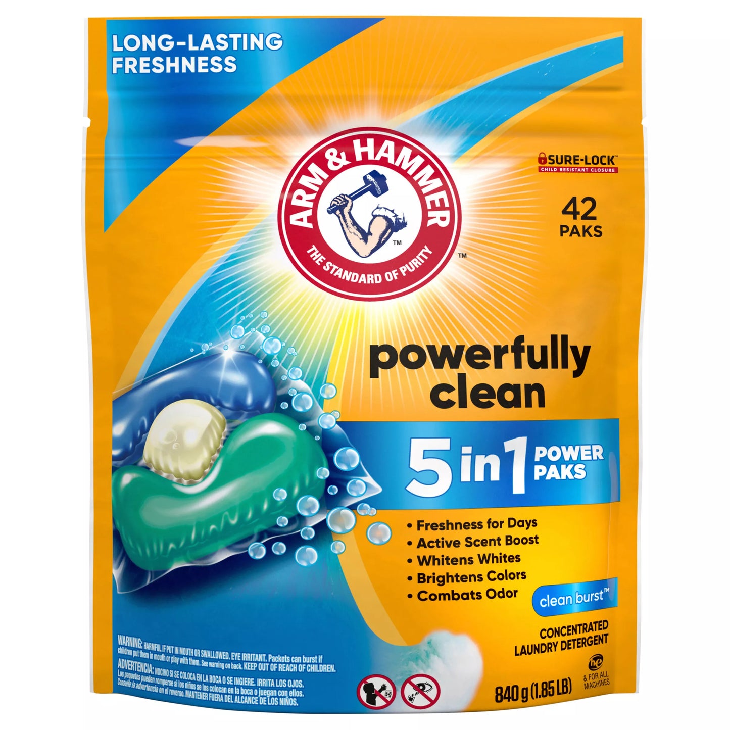 Arm & Hammer Laundry Detergent, Concentrated, 5 in 1, Clean Burst, Power Paks 42 ct.