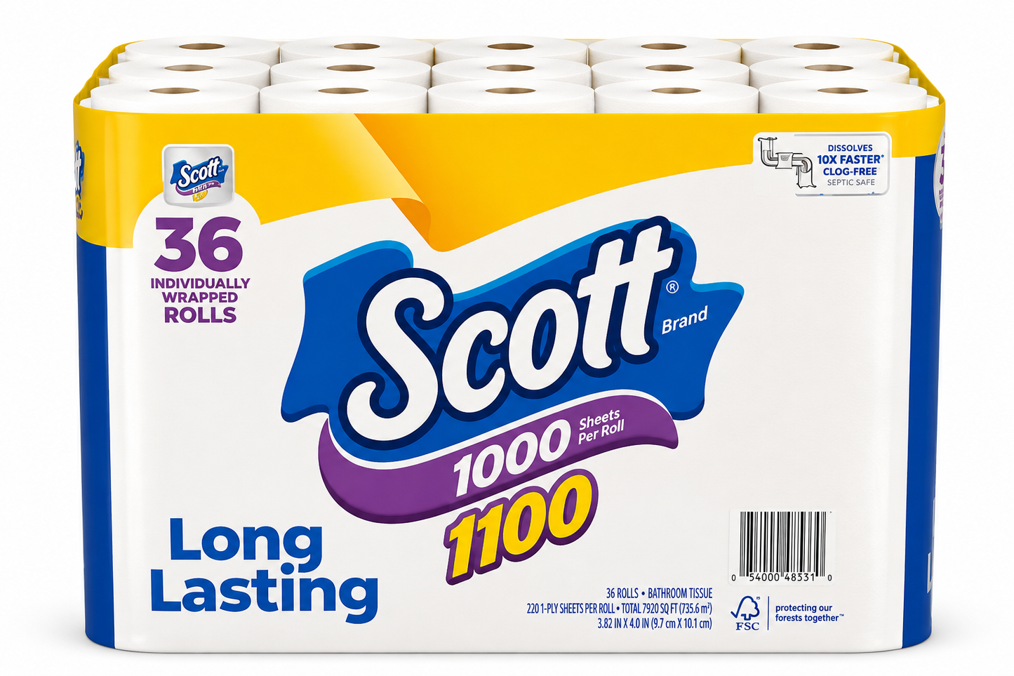 Scott Bath Tissue, 1-Ply, 1100 Sheets, 36 Rolls