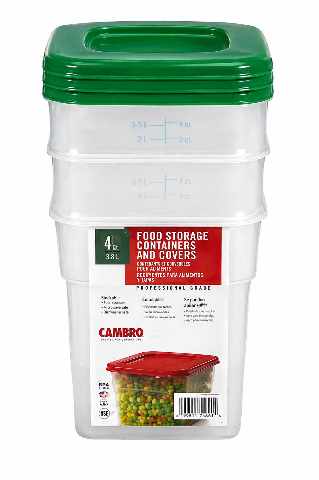 Cambro Square 4-Quart Food Storage Container with Lid, 3-Count