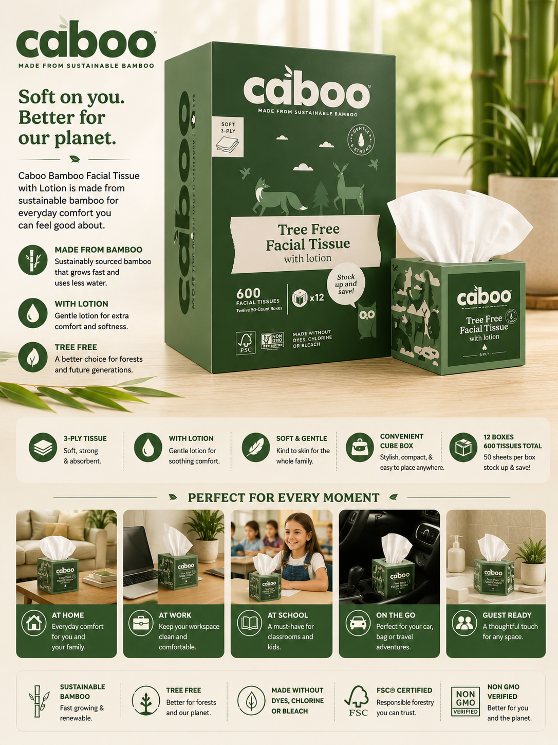 Caboo Bamboo Facial Tissue with Lotion, 3-Ply, 50-Count, 12-Pack