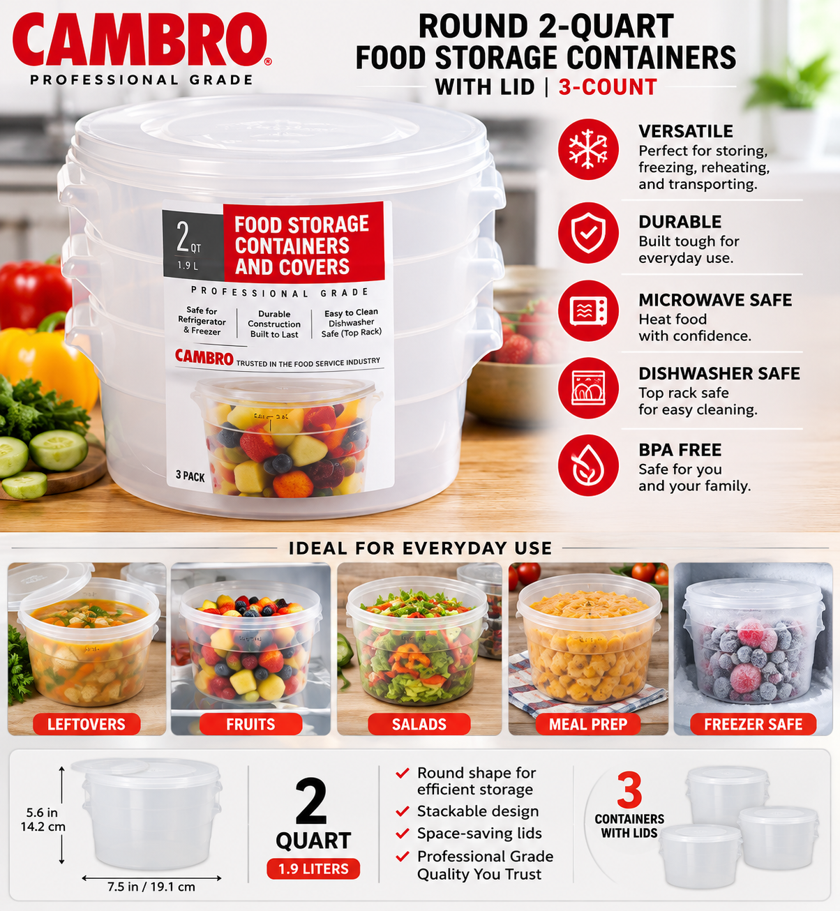 Cambro Round 2-Quart Food Storage Container with Lid, 3-Count