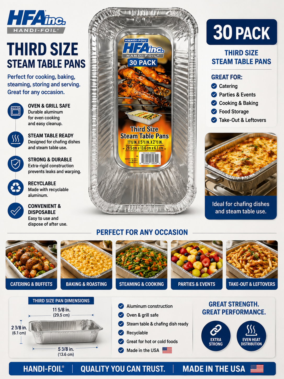 HFA Third Size Steam Table Pans, 30-Count