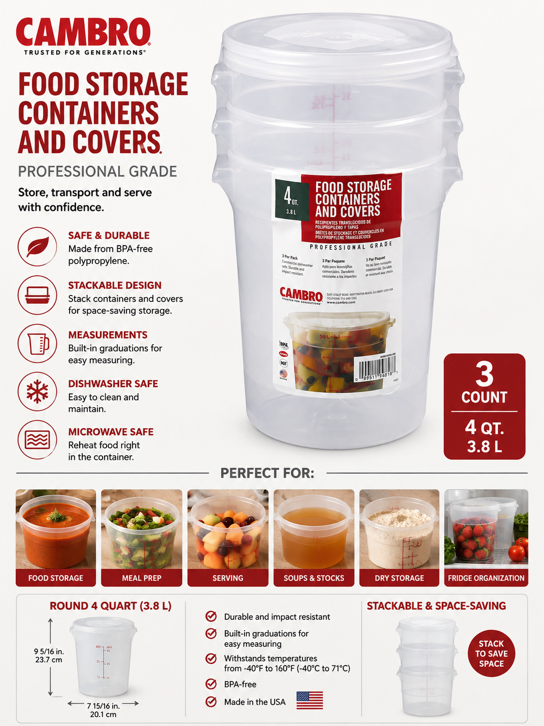 Cambro Round 4 Quart Food Storage Container with Lid, 3-Count
