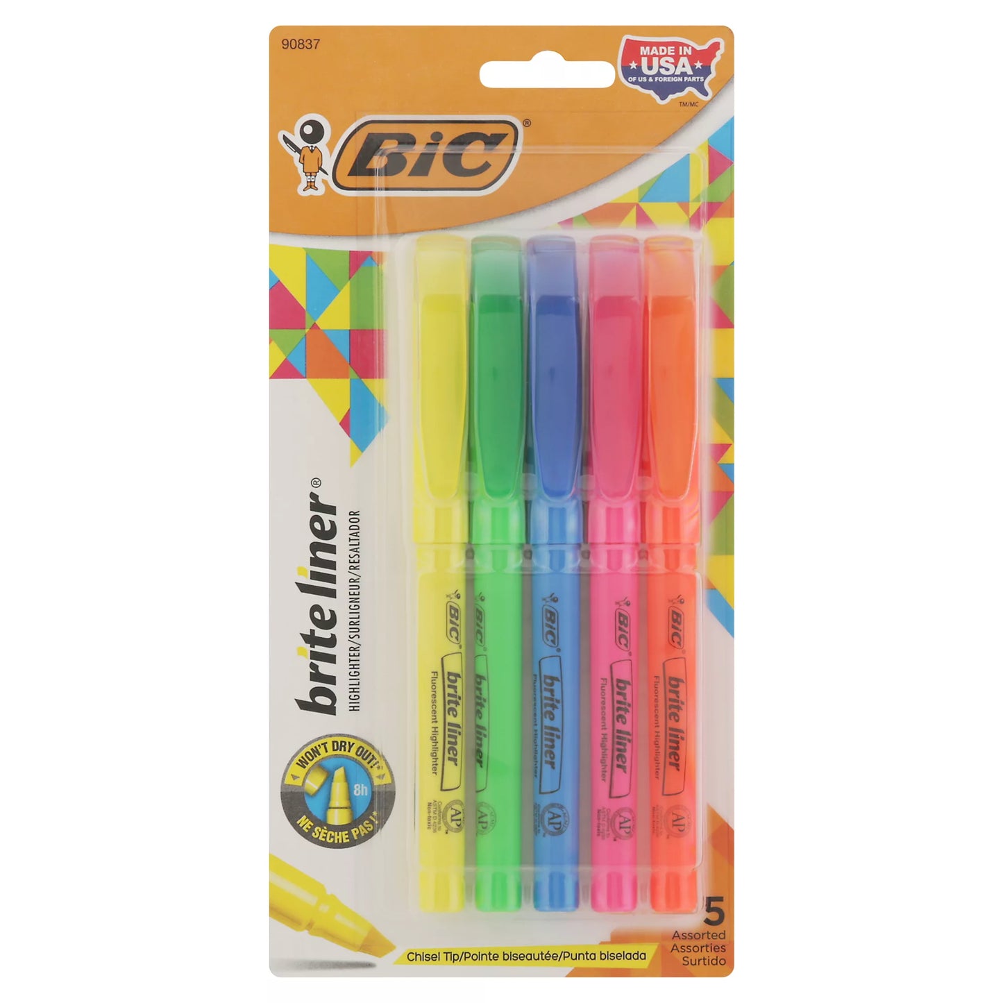 BIC Brite Liner Highlighter, Chisel Tip, Assorted 5 each