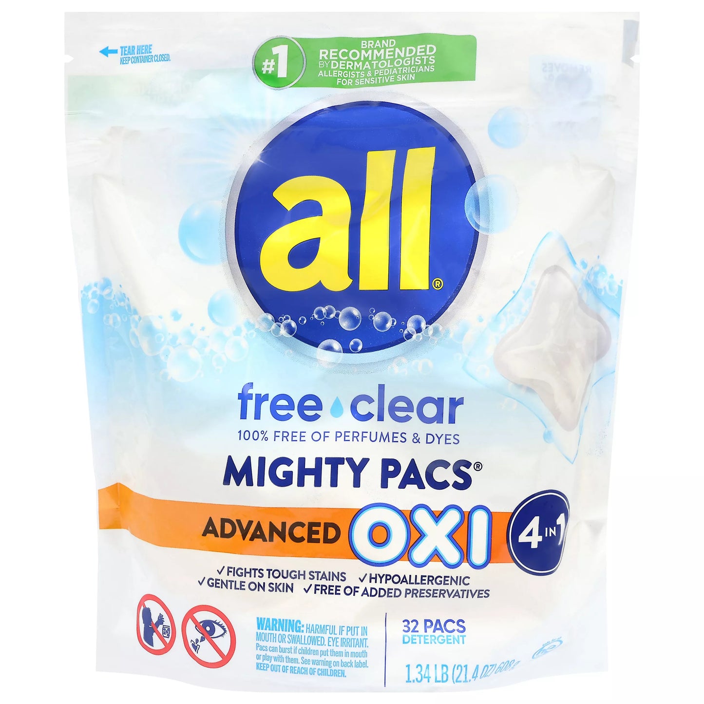 All Mighty Pacs Free Clear Advanced Oxi 4 in 1 Detergent 32 ct.