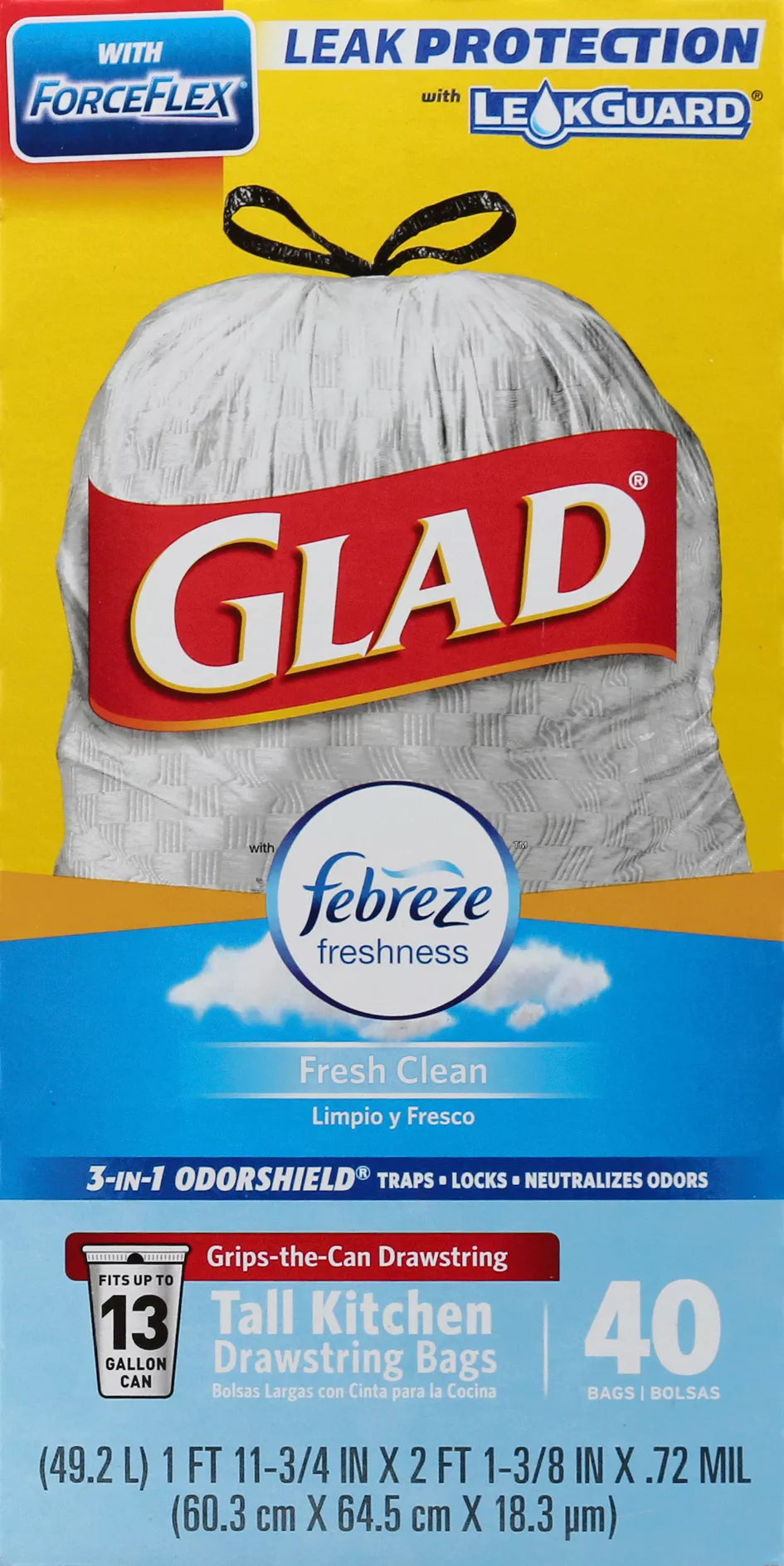 Glad ForceFlex Tall Kitchen Bags, Drawstring, Fresh Clean, 13 Gallon 40 ct.