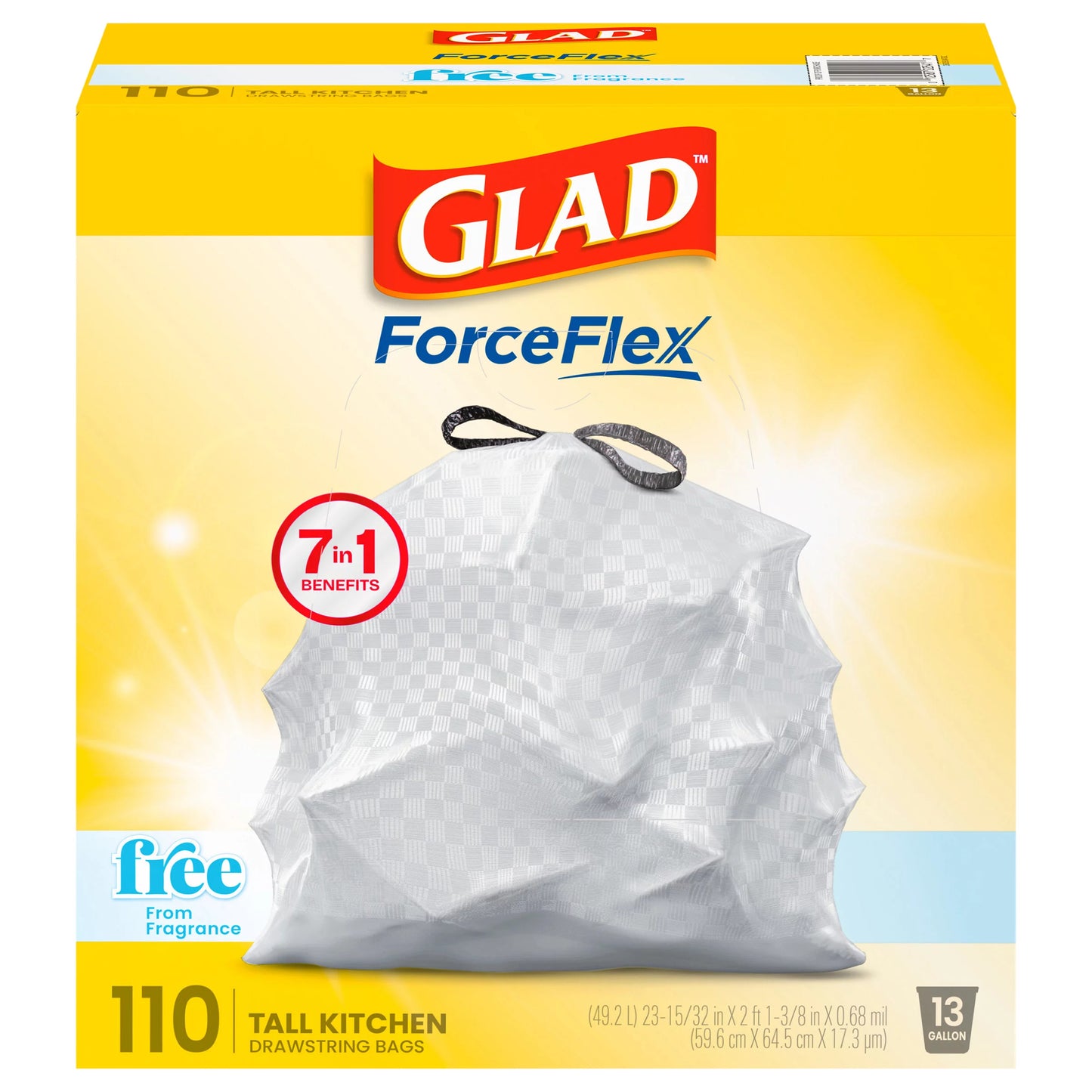Glad ForceFlex 13 Gallon Fragrance Free Tall Kitchen Drawstring Bags 110 ct.