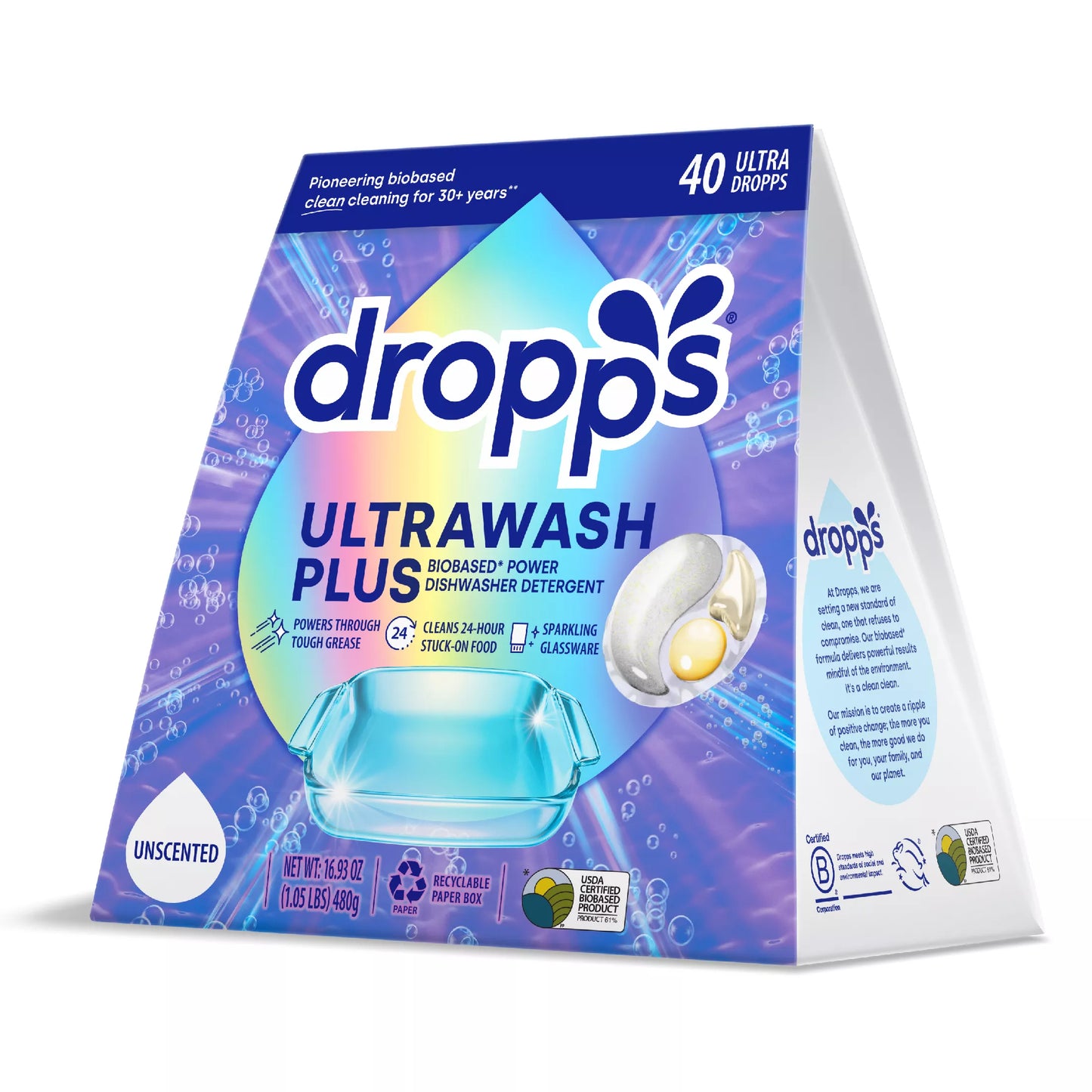 Dropps Biobased Power Dishwasher Detergent Pods - Unscented 40 ct.