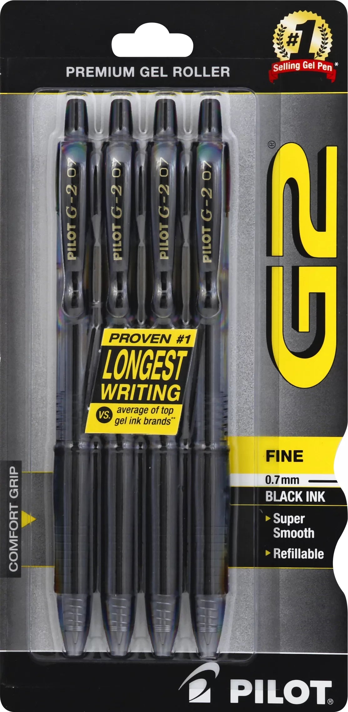 Pilot G2 Gel Pens, Black Ink, Fine, 0.7 mm 4 each