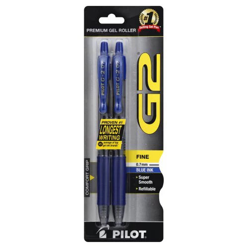 Pilot Gel Pen, Blue Ink, Fine, 0.7 mm 2 each