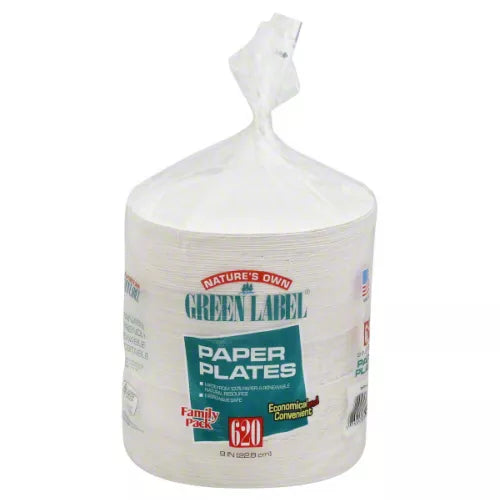 Natures Own Green Label Plates, Paper, 9 Inch, Family Pack 620 ct.