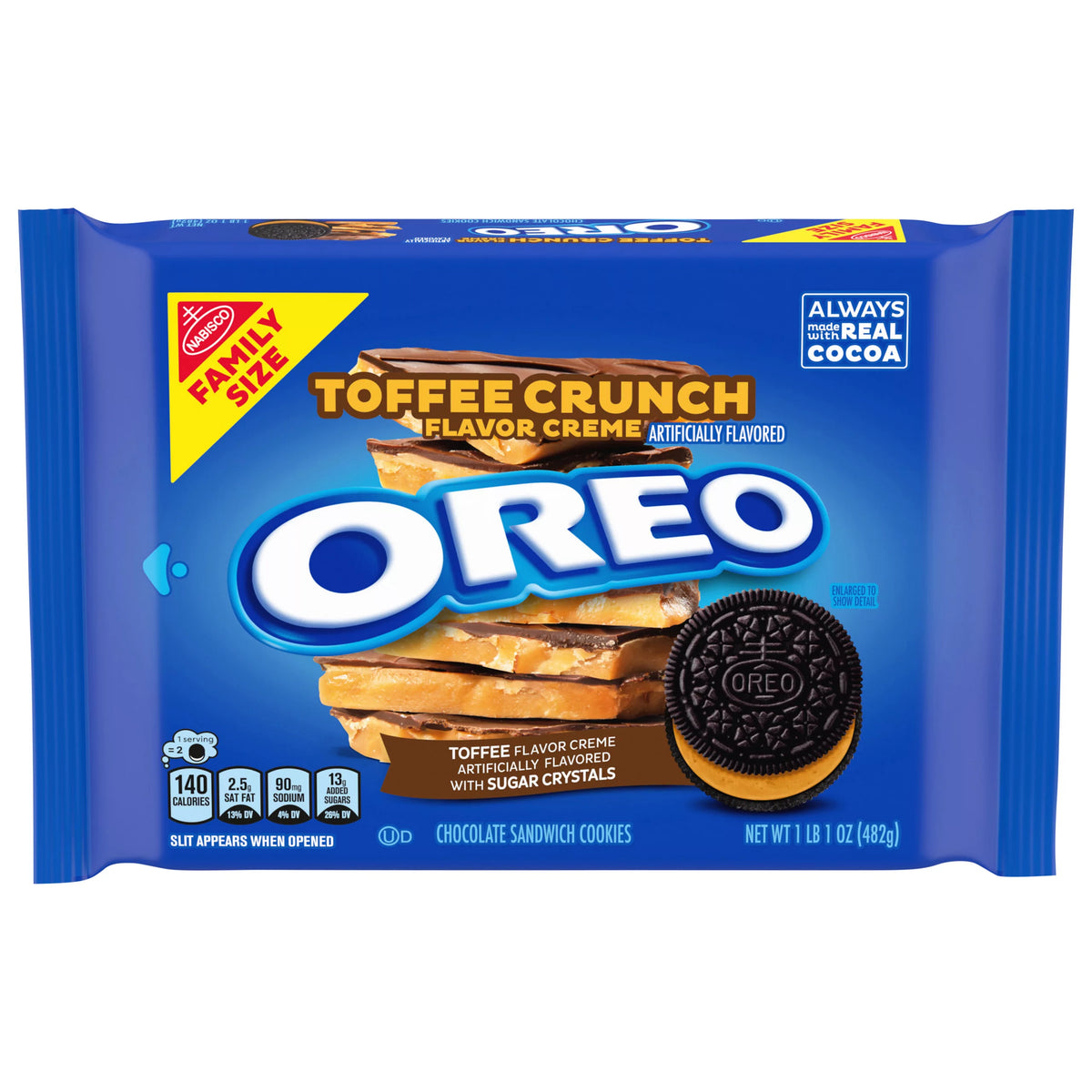 Oreo Chocolate Sandwich Cookies, Toffee Crunch Flavor Creme, Family Size, 17 oz. package from Oreo.