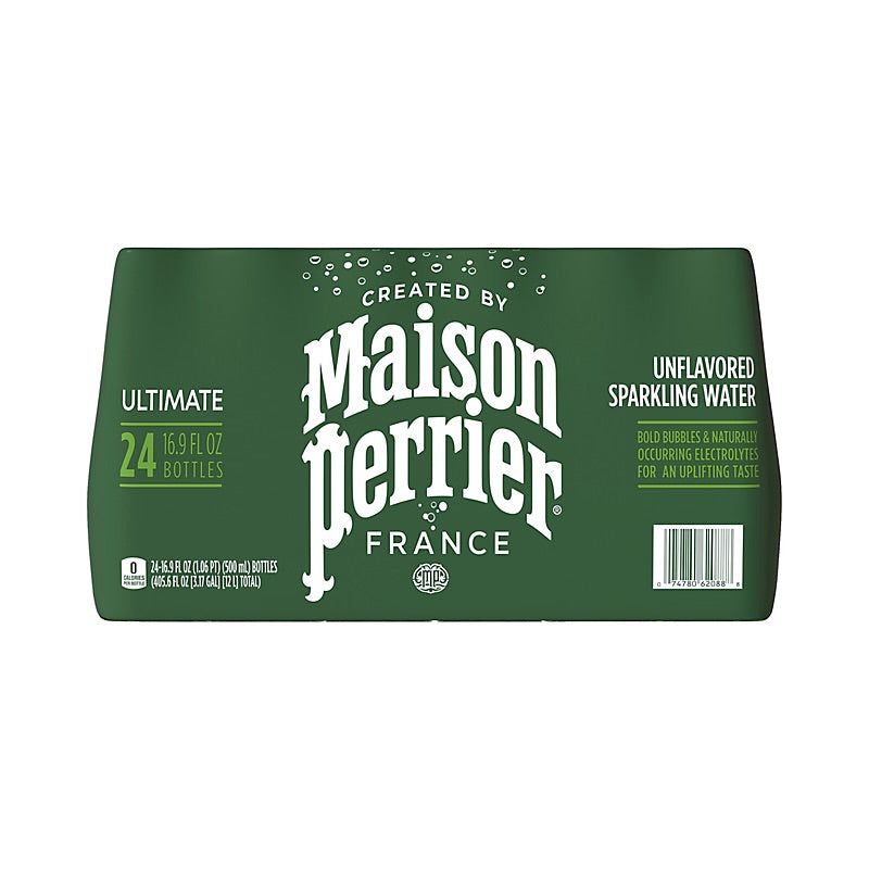 Packaging of Maison Perrier unflavored sparkling water on a white background