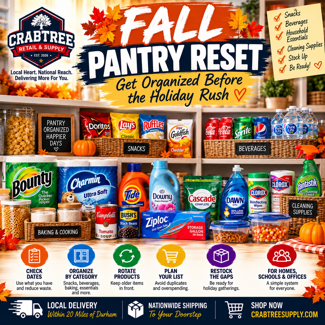 Crabtree Retail & Supply Fall Pantry Reset guide featuring organized snacks, bottled water, beverages, paper towels, cleaning supplies, and household essentials to prepare for the holiday rush.