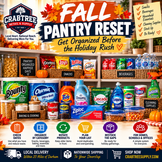 Crabtree Retail & Supply Fall Pantry Reset guide featuring organized snacks, bottled water, beverages, paper towels, cleaning supplies, and household essentials to prepare for the holiday rush.