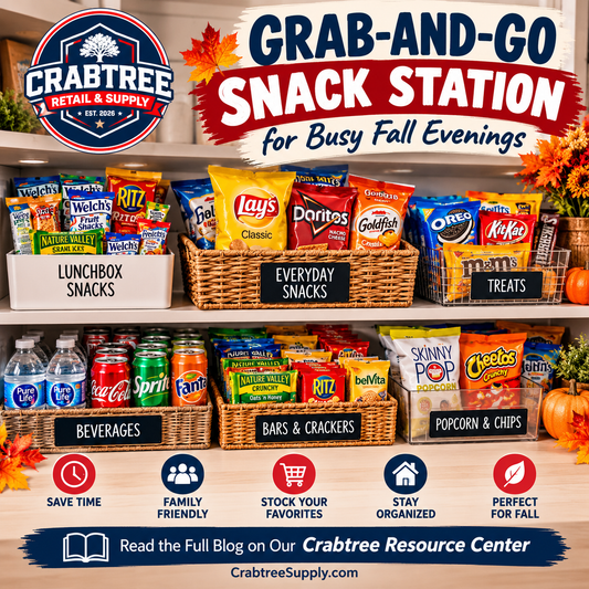 Crabtree Retail & Supply Grab-and-Go Snack Station for busy fall evenings, featuring organized baskets of chips, crackers, granola bars, cookies, fruit snacks, bottled water, and soft drinks.