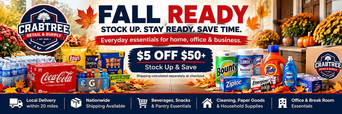 Crabtree Supply fall preparedness collection featuring household essentials, cleaning supplies, beverages and seasonal necessities