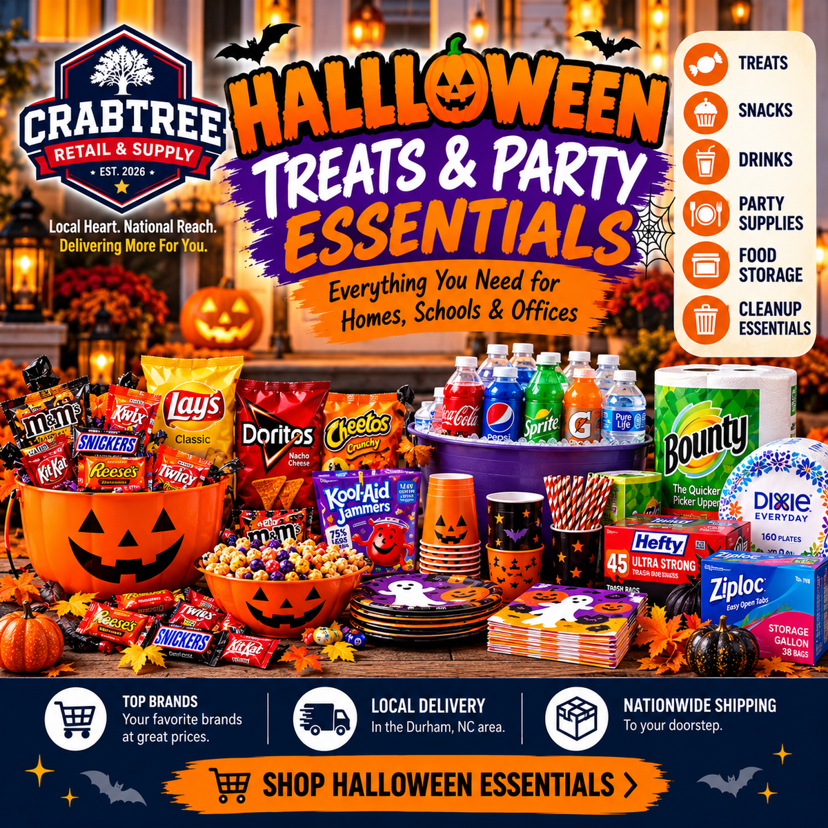 Crabtree Supply Halloween collection featuring candy, chips, drinks, party plates, cups, paper towels and cleanup essentials