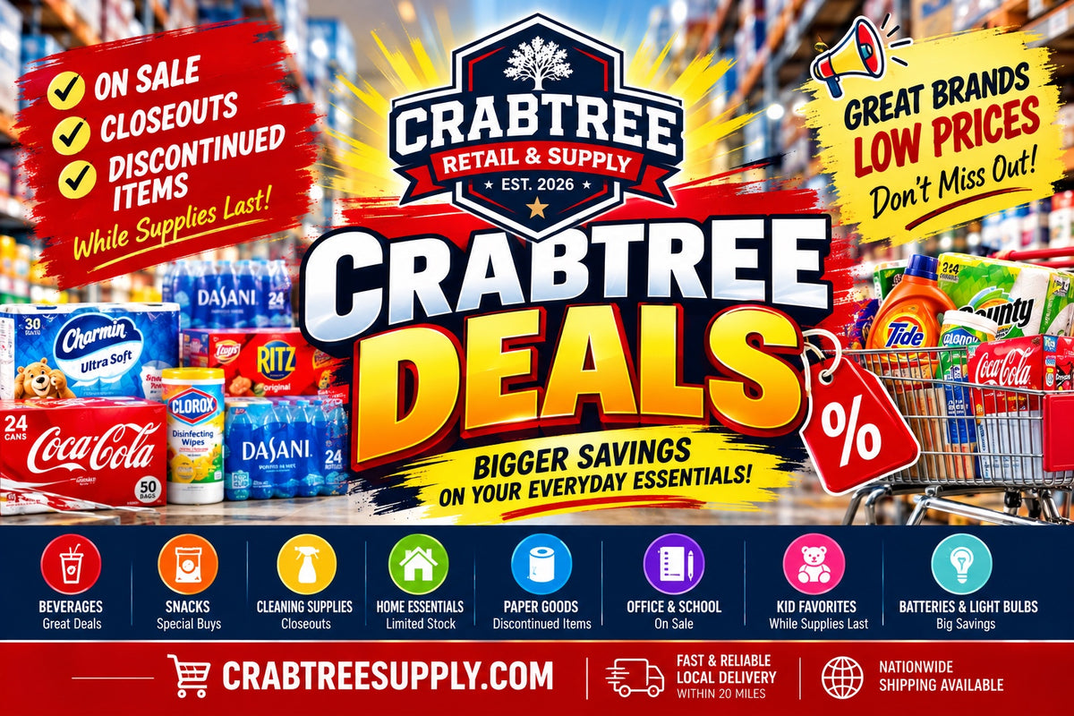 Crabtree Supply deals collection featuring discounted beverages, snacks, cleaning supplies, household products and closeout specials