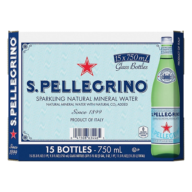 S.Pellegrino Sparkling Natural Mineral Water Glass Bottles, 15 pk./25.3 oz.