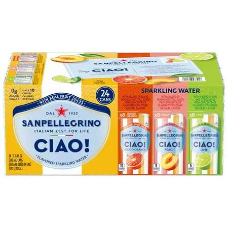 San Pellegrino Ciao, Blood Orange, Peach, and Lime Italian Sparkling Drinks, Cans, 24 pk./11.15 oz. bulk pack available from Crabtree Supply. Fast local delivery and nationwide shipping.