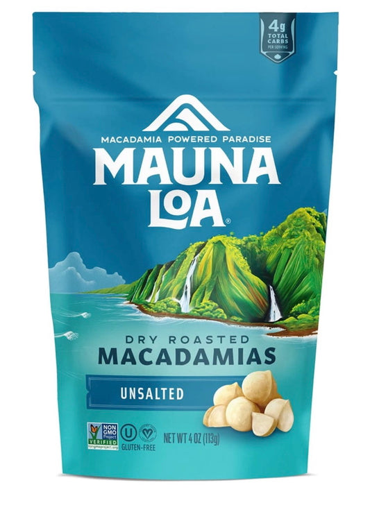 Mauna Loa Dry Roasted Natural Macadamias, 4 oz., blue resealable bag.