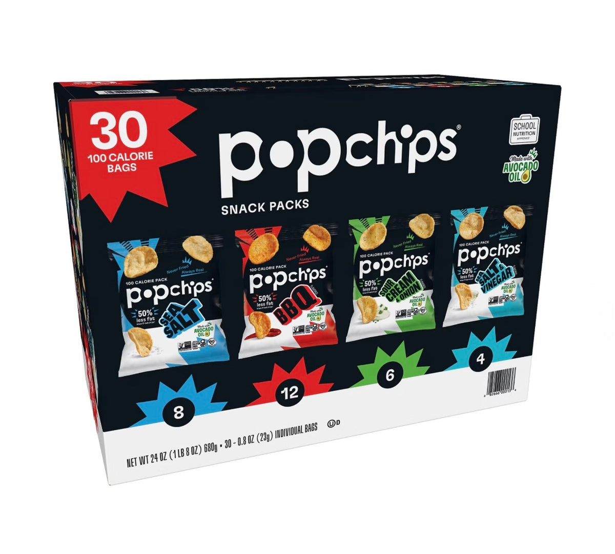 Popchips 4-Flavor Variety Pack, Sea Salt, BBQ, Sour Cream & Onion, Sea Salt & Vinegar, 30 ct./0.8 oz. – alternate product view 2
