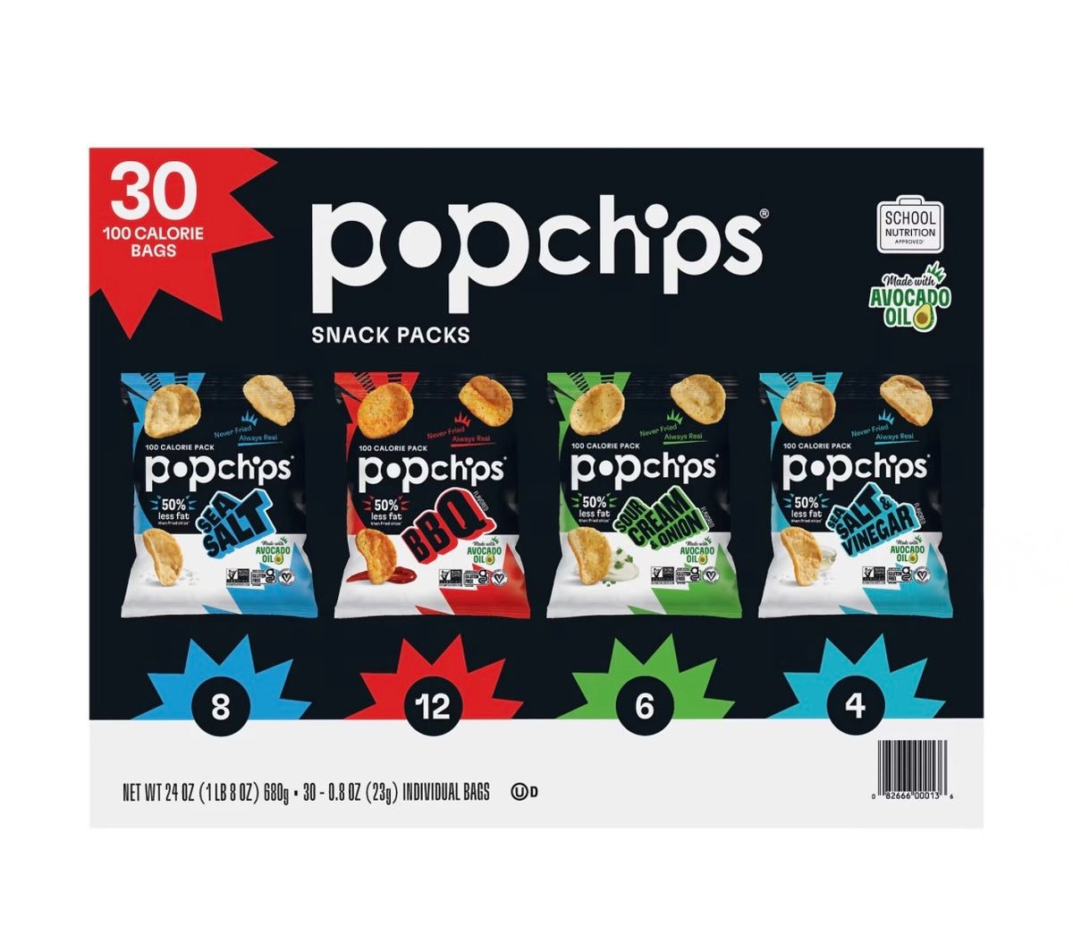 Popchips 4-Flavor Variety Pack, Sea Salt, BBQ, Sour Cream & Onion, Sea Salt & Vinegar, 30 ct./0.8 oz. product packaging