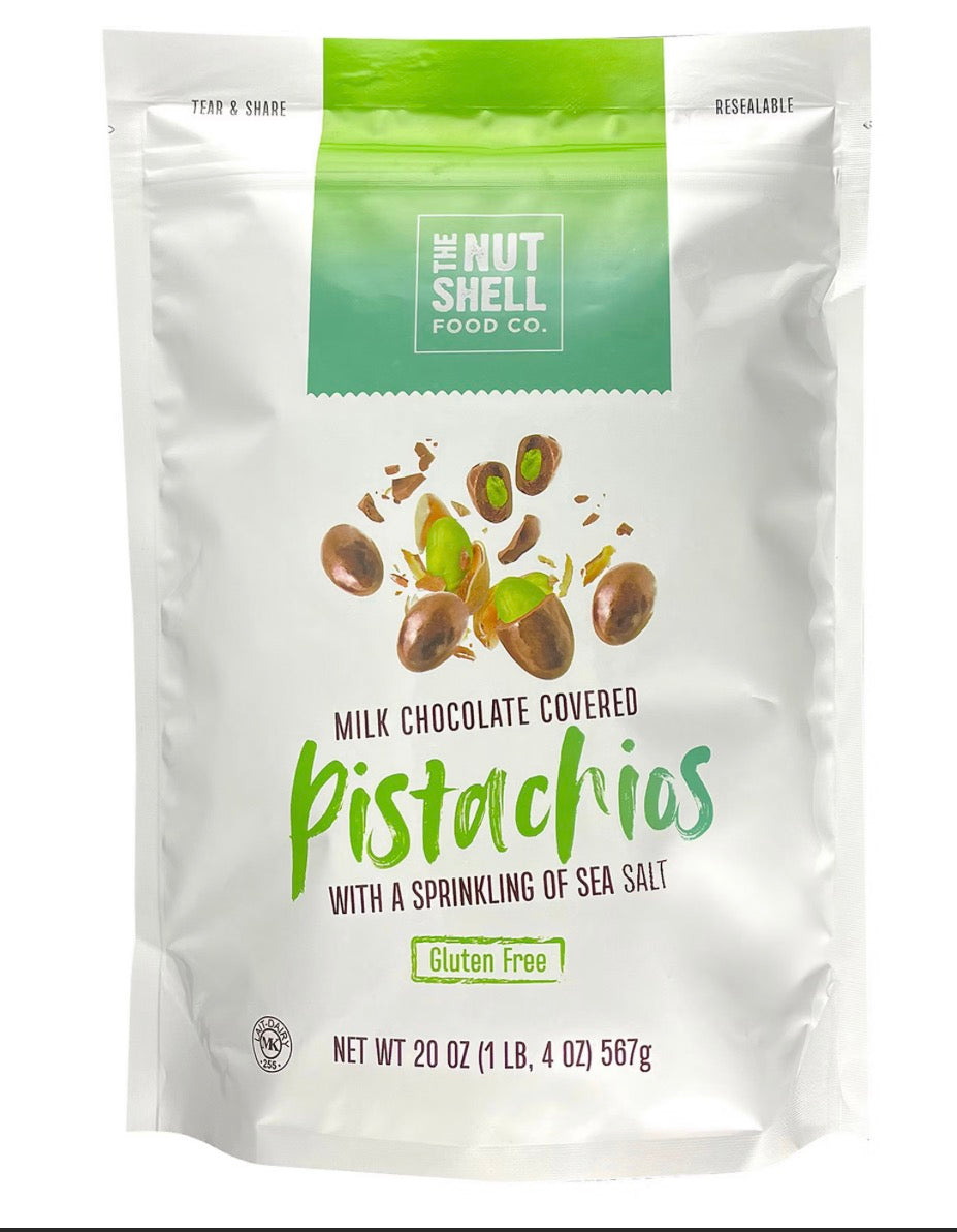The Nutshell Food Co. Milk Chocolate Sea Salt Pistachios, Gluten Free, Resealable Pouch, 20 oz. product packaging