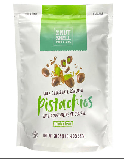 The Nutshell Food Co. Milk Chocolate Sea Salt Pistachios, Gluten Free, Resealable Pouch, 20 oz. product packaging