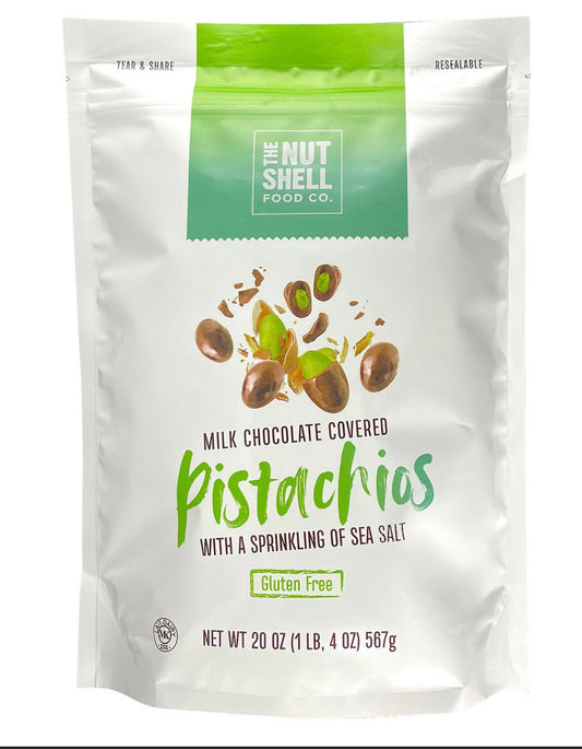 The Nutshell Food Co. Milk Chocolate Sea Salt Pistachios, Gluten Free, Resealable Pouch, 20 oz. product packaging