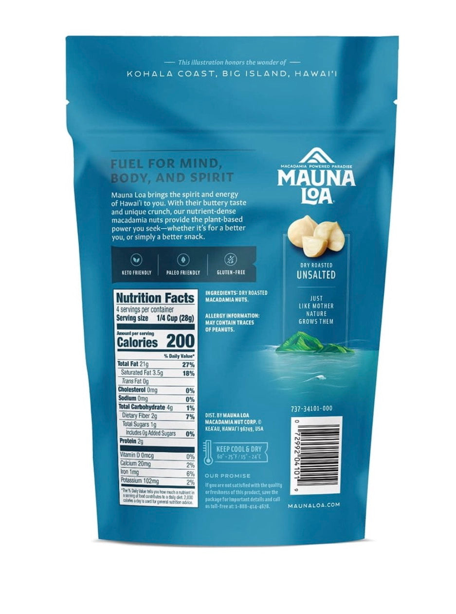 Back of Mauna Loa Natural Macadamias bag with nutrition facts and product information.