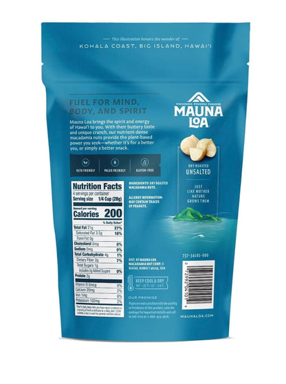 Back of Mauna Loa Natural Macadamias bag with nutrition facts and product information.