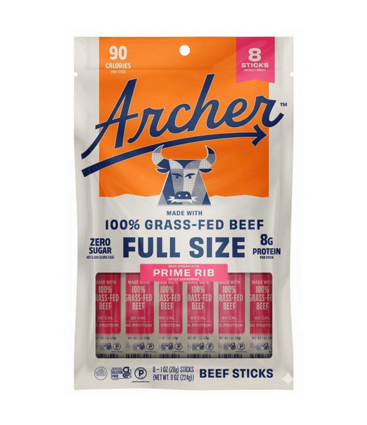 Archer Grass-Fed Mild Prime Rib Style Seasoning Full Size Beef Sticks, 8 oz.