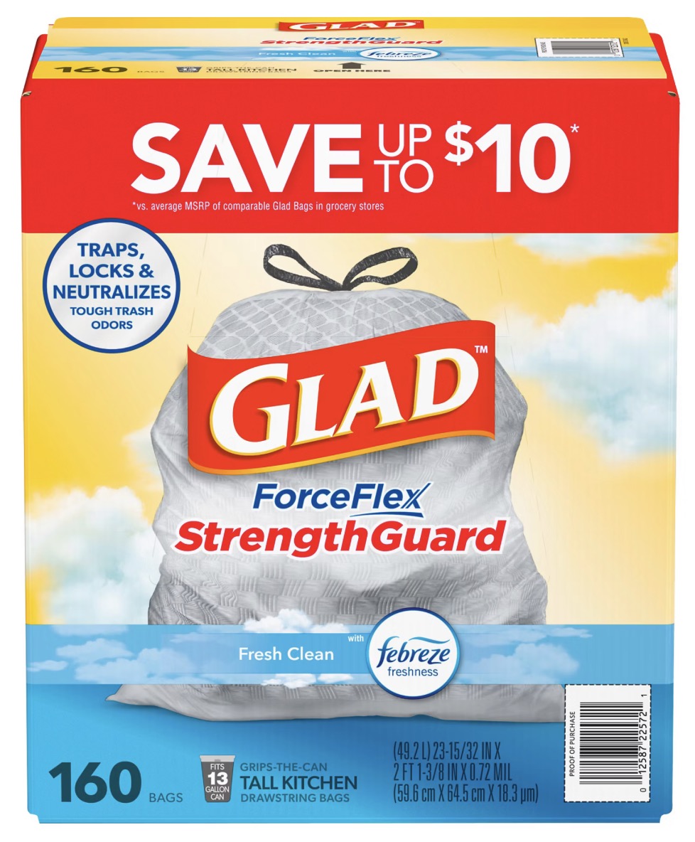 Glad ForceFlex Tall Kitchen Drawstring Trash Bags - Fresh Clean with Febreze, 160 ct./13 gal.
