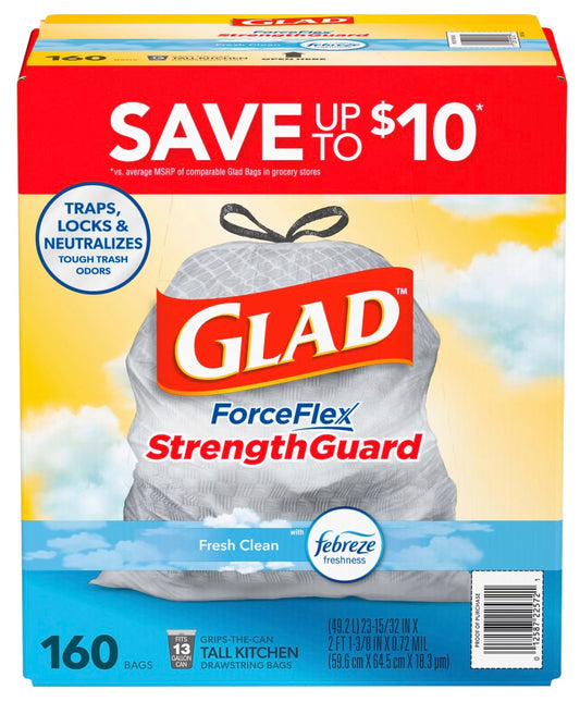 Glad ForceFlex Tall Kitchen Drawstring Trash Bags - Fresh Clean with Febreze, 160 ct./13 gal.