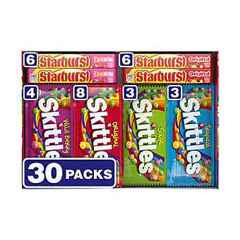 Skittles and Starburst Chewy Candy Variety Pack, Full Size, Road Trip Essential Snack, 30 ct. product packaging