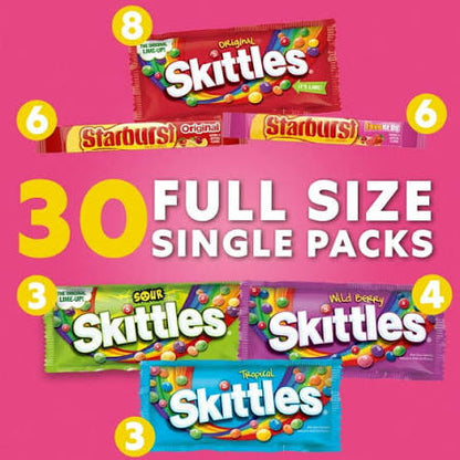 Skittles and Starburst Chewy Candy Variety Pack, Full Size, Road Trip Essential Snack, 30 ct. – alternate product view 2