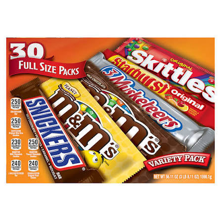 M&M's, Skittles & More Chocolate Candy Bars, Full Size, 30 ct. product packaging