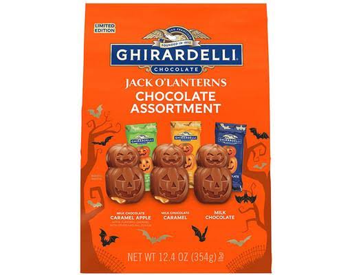 Ghirardelli Assorted Chocolate Jack-O-Lanterns XL Bag, Individually Wrapped, 12.4 oz. product packaging