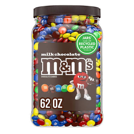 M&M's Milk Chocolate Candy, Pantry Size Resealable Jar, 62 oz. product packaging