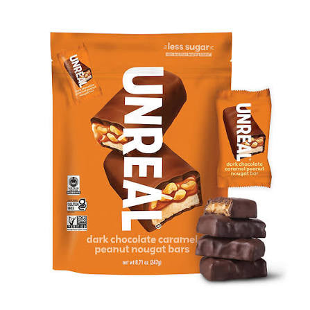 Unreal Dark Chocolate Caramel Peanut Nougat Bars, 8.71 oz. product packaging