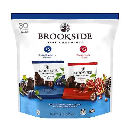 Brookside Assorted Dark Chocolate Snacks with Fruit Flavored Centers, Snack Packs, 30 ct./19g product packaging